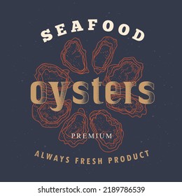 Oyster sticker for seafood restaurant, fish shop with text. Vintage Oyster label badge, vintage-style logo of an old worn engraving