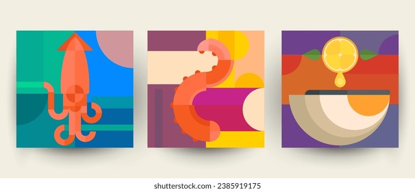 Oyster, tentacle. Set abstract geometric background composition. Modern fashion vector illustration. Creative minimal seafood concept art. Bright design kitchen element in bauhaus trendy style.