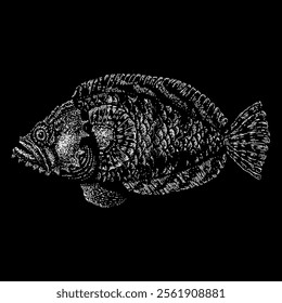 oyster toadfish hand drawing vector isolated on black background.