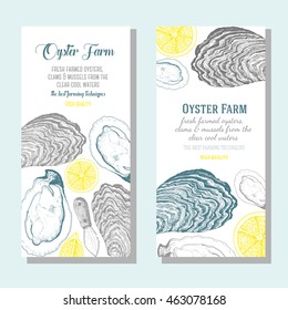 Oyster vertical banner collection. Oyster hand drawn in ink illustration. Vector vintage illustration. Line art graphic. Oysters flyer set for farm or a restaurant.