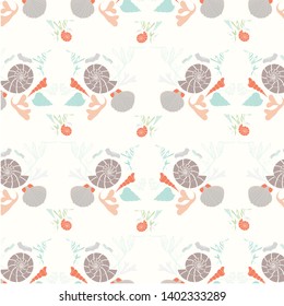 Oyster and whelk shells, seaweed and ammonite shapes make up this repeat pattern in summery, light colours. Fun-filled days on the beach filled with sunlight and laughter.