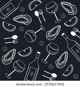 Oyster, wine bottle, wine glass, cut lemon, spoon and fork line art background.