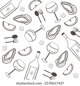 Oyster, wine bottle, wine glass, cut lemon, spoon and fork line art background.