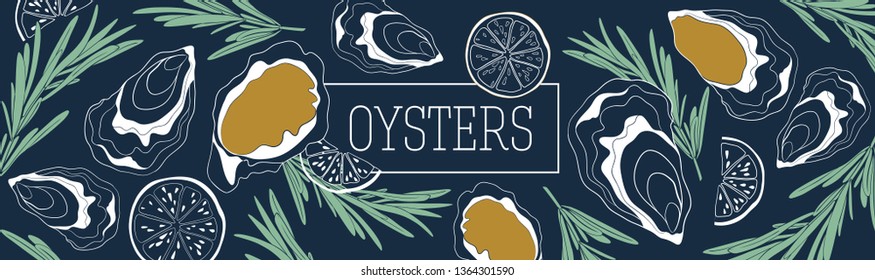 Oysters banner vector template. Shellfish and seafood restaurant or fishery product market banners template. Hand drawn illustration on deep blue background.