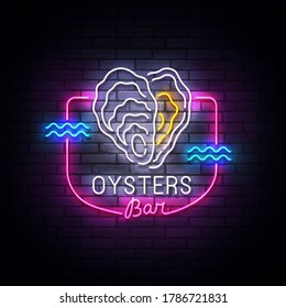 Oysters Bar neon sign, bright signboard, light banner. Sea food logo neon, emblem. Vector illustration