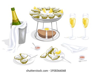 Oysters and champagne set. Traditional French serving of oysters on ice with lemon, rye bread, butter, onions vinegar sauce. Bottle and Two glasses of champagne.