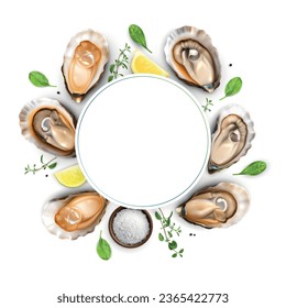 Oysters composition with round frame and empty space surrounded by realistic images of oysters greens lemons vector illustration