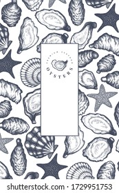 Oysters design template. Hand drawn vector illustration. Seafood banner. Can be used for design menu, packaging, recipes, fish market, seafood products.