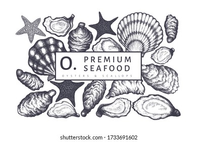 Oysters design template. Hand drawn vector illustration. Seafood banner. Can be used for design menu, packaging, recipes, fish market, seafood products.