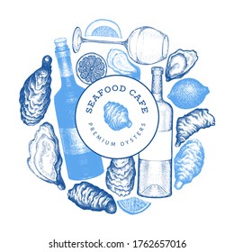 Oysters design template. Hand drawn vector illustration. Seafood banner. Can be used for design menu, packaging, recipes, fish market, seafood products.