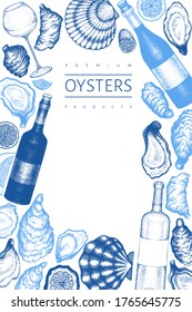 Oysters design template. Hand drawn vector illustration. Seafood banner. Can be used for design menu, packaging, recipes, fish market, seafood products.