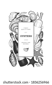 Oysters design template. Hand drawn vector illustration. Seafood banner. Can be used for design menu, packaging, recipes, fish market, seafood products.