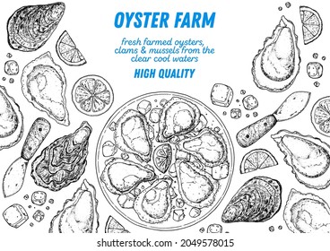 Oysters and oysters dish with lemon and ice sketch. Hand drawn vector illustration. Top view. Design template. Food menu.	