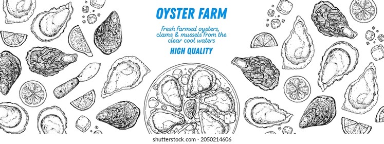 Oysters and oysters dish with lemon and ice sketch. Hand drawn vector illustration. Top view. Design template. Food menu.	