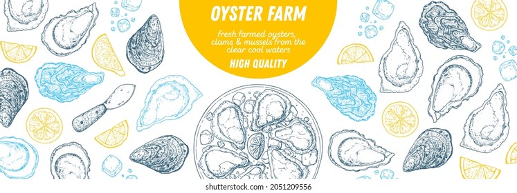 Oysters and oysters dish with lemon and ice sketch. Hand drawn vector illustration. Top view. Design template. Food menu