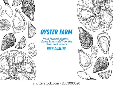 Oysters and oysters dish with lemon and ice sketch. Hand drawn vector illustration. Top view. Design template. Food menu.