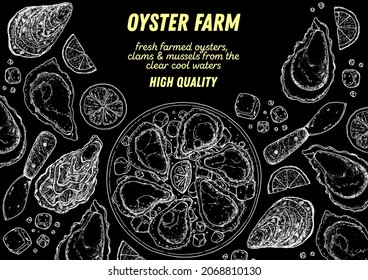 Oysters and oysters dish with lemon and ice sketch. Hand drawn vector illustration. Top view. Design template. Food menu.
