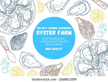Oysters and oysters dish with lemon and ice sketch. Hand drawn vector illustration. Top view. Design template. Food menu.