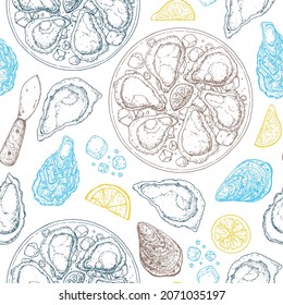 Oysters and oysters dish with lemon and ice sketch. Seamless pattern. Hand drawn vector illustration. Top view. Design template. Food menu background.