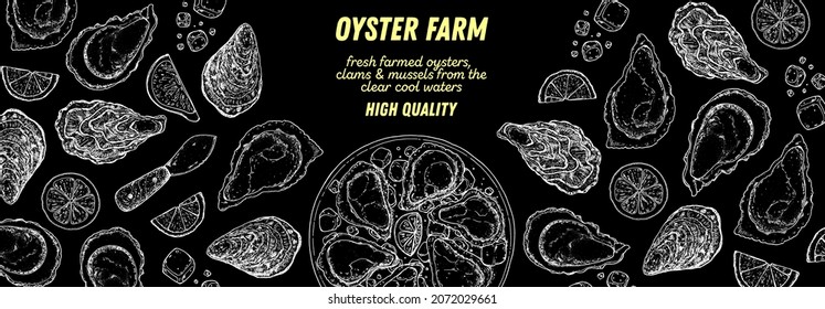 Oysters and oysters dish with lemon and ice sketch. Hand drawn vector illustration. Top view. Design template. Food menu.