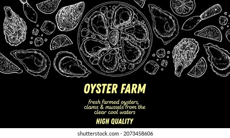 Oysters and oysters dish with lemon and ice sketch. Hand drawn vector illustration. Top view. Design template. Food menu