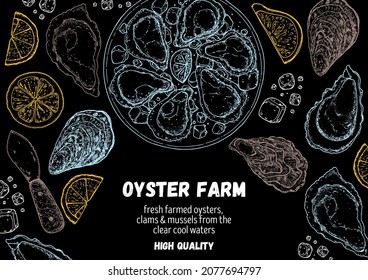 Oysters and oysters dish with lemon and ice sketch. Hand drawn vector illustration. Top view. Design template. Food menu.