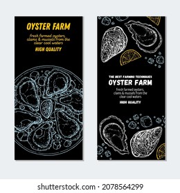 Oysters and oysters dish with lemon and ice sketch. Vanner collection. Hand drawn vector illustration. Top view. Design template. Food menu