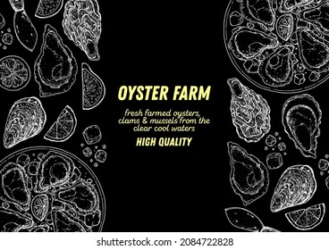 Oysters and oysters dish with lemon and ice sketch. Hand drawn vector illustration. Top view. Design template. Food menu.