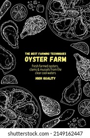 Oysters and oysters dish with lemon and ice sketch. Hand drawn vector illustration. Top view. Design template. Food menu.