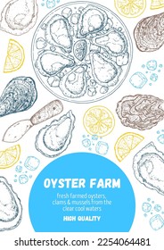 Oysters and oysters dish with lemon and ice sketch. Hand drawn vector illustration. Top view. Design template. Food menu.