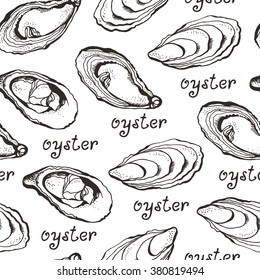 Oysters hand drawn pattern, seamless vector food background with seafood oysters