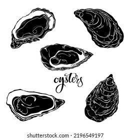 Oysters, hand drawn vector set of templates for menu design, packaging, restaurants and catering. Silhouettes.