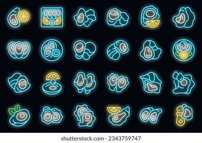 Oysters icons set outline vector. Seafood shell. Nature food neon color on black