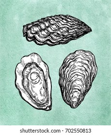 Oysters ink sketch on old paper background. Hand drawn vector illustration. Retro style.