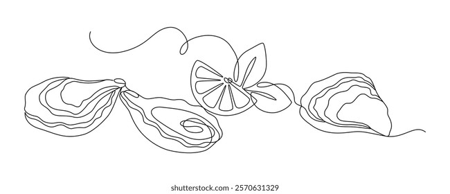 Oysters with lemon drawn with continuous line in minimalism, abstract style, bivalve mollusk, marine inhabitant, delicacy, one line, editable vector contour