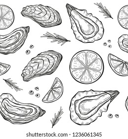 Oysters with lemon hand drawn vector seamless pattern  