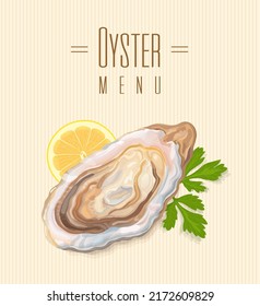 Oysters with lemon and herbs. Restaurant menu cover. Fresh sea delicacies. Seafood. Vector realistic illustration