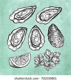 Oysters with lemon and parsley. Ink sketch on old paper background. Hand drawn vector illustration. Retro style.