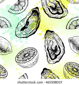 Oysters with lemon seamless vector pattern. Hand drawn vintage graphic doodle design. Vector illustration. Endless background.