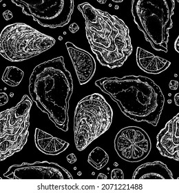 Oysters and lemon slices seamless pattern. Hand drawn vector illustration. Top view. Design template. Food menu background