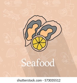 Oysters with lemon. Vector illustration. Seafood Logo. Color icon