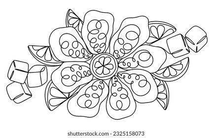 Oysters with lemon wedges and ice cubes. National Oyster Day. One line drawing for different uses. Vector illustration.