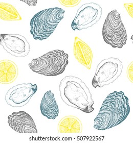 Oysters and lemons seamless vector pattern. Linear graphic. Vector illustration of oysters. Vintage design template.