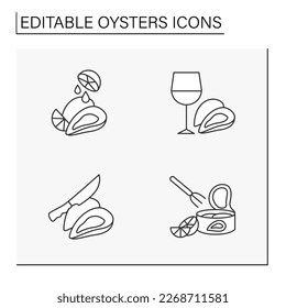 Oysters line icons set. Tasty and luxurious food from the restaurant. Organic aphrodisiac. Seafood concepts. Isolated vector illustrations. Editable stroke