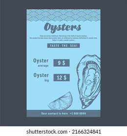 Oysters Menüdesign-Vorlage. Vektorgrafik. Fisch und Meeresfrüchte. Kann für Menüdesign, Verpackung, Rezepte, Etiketten, Fischmarkt, Meeresfrüchte, Oyster verwendet werden.