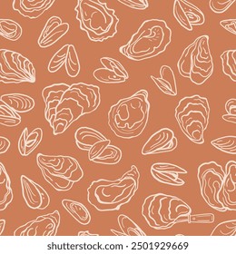 Oysters and mussels seamless pattern