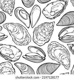 Oysters and mussels. Vector seamless background patterns on white. Food vector Illustration. Templates for menu design, packaging, restaurants and catering. Perfect for wallpaper, wrapping, fabric.