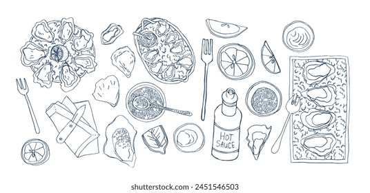 Ostras y ostras en los platos de media concha con cuñas de limón, en el hielo. Ilustración vectorial dibujada a mano Vista superior. Menú de comida del restaurante. Estilo de boceto de garabato.