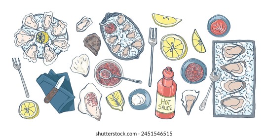 Oysters and oysters on the half shell dishes with lemon wedges, on ice. Hand drawn vector illustration. Top view. Restaurant food menu. Doodle sketch style.