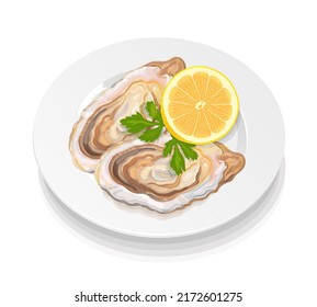 Oysters on a plate with lemon and herbs. Fresh sea delicacies. Seafood. Vector realistic illustration